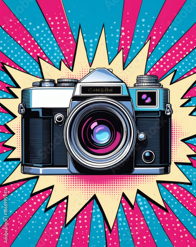 Vibrant retro camera bursting with color against a dynamic comic-style backdrop of pink and blue rays
