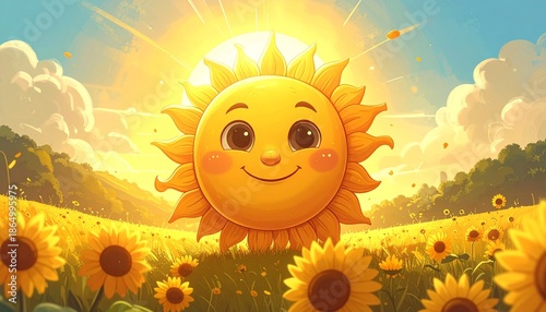 Happy cartoon sun smiling in a field of sunflowers on a sunny day.