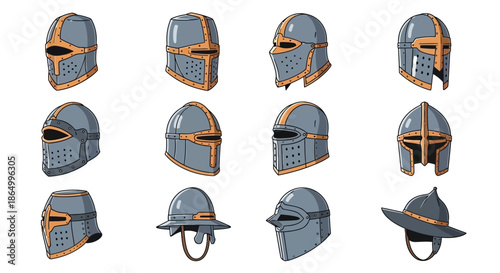 Collection of Diverse Medieval Knight Helmets and Armor Pieces for Historical and Fantasy Depictions