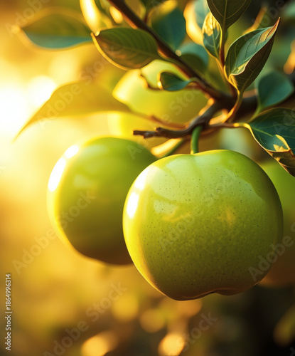 Golden sunlight bathes ripe green apples hanging on a tree branch in a picturesque orchard at sunset