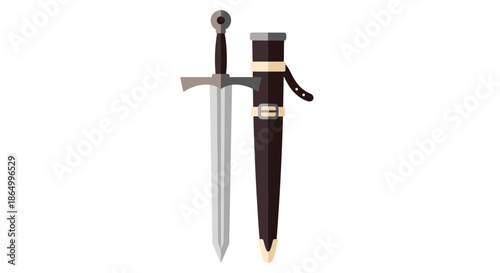 Classic medieval sword illustration, featuring a sharp blade, decorative hilt, and a detailed scabbard, ideal for historical, fantasy, or role-playing game designs