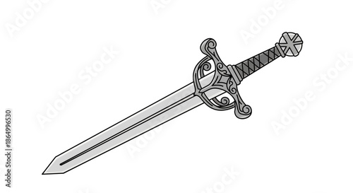 Striking monochrome illustration of a historical medieval sword, showcasing an ornate hilt and gleaming blade, perfect for fantasy themes, vintage designs, or heraldic imagery