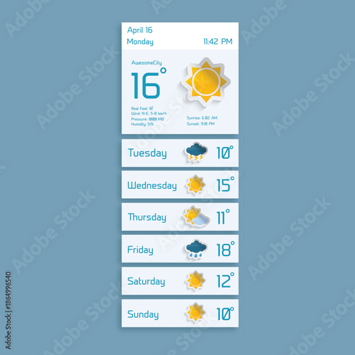 Weather forecast widget application interface with daily temperature overview