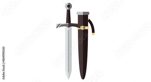 Detailed vector illustration of a classic medieval sword featuring an ornate hilt and its accompanying scabbard, representing historical weaponry and ancient combat