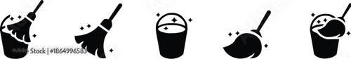 Cleaning mop and bucket icons with colorful hygiene and janitorial illustration