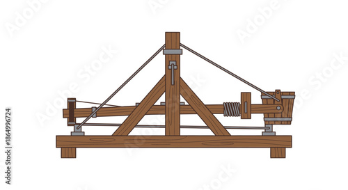 Illustration of a medieval siege weapon, a wooden catapult or trebuchet, ready for battle