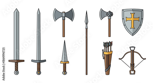 Medieval weapons and shield illustrations swords, axes, spears, bow and arrow, and crossbow