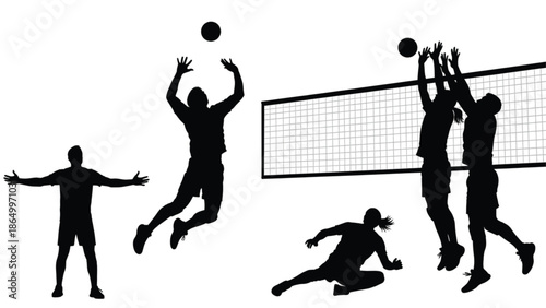 Volleyball players silhouettes jumping blocking spiking action, team sport match concept isolated black vector illustration on white background athletic competition