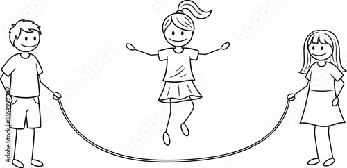 Children playing jump rope vector illustration, happy kids skipping rope, outdoor fun activity, perfect for educational, playground, and childhood content design.