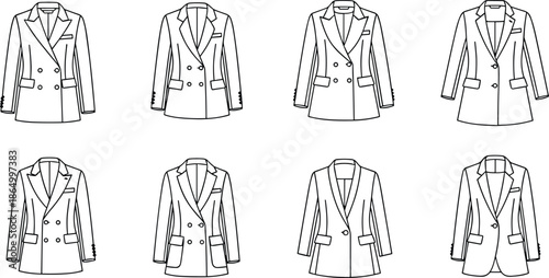 Collection of women’s blazer fashion sketches, hand-drawn line art jackets, vector illustration for clothing design, tailoring templates, modern apparel and branding.