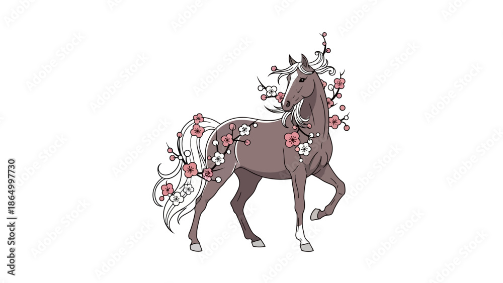 Fototapeta premium Brown Horse with Floral Decoration.