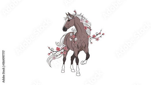 Brown Horse with Floral Decoration.