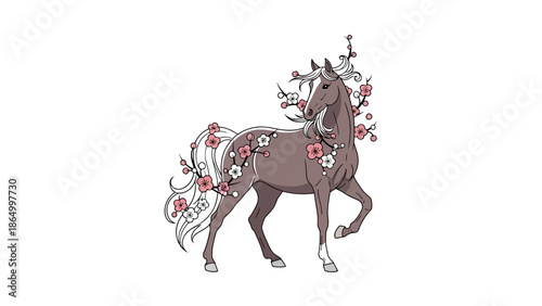 Brown Horse with Floral Decoration.