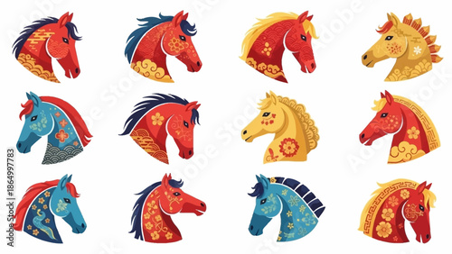 Colorful Horse Heads Side View.