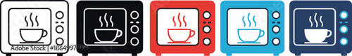 Microwave oven icon set vector illustration featuring colorful kitchen appliance symbols with hot drink cup for cooking, heating, and modern home appliance interface design