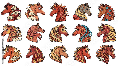 Colorful Horse Heads Side View.