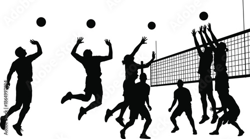 PrintVolleyball players silhouettes jumping blocking spiking at net action scene isolated on white background vector illustration black sport team concept