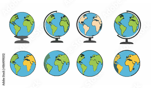 World Globe Flat Vector Icon Set with Earth Hemispheres and Continents