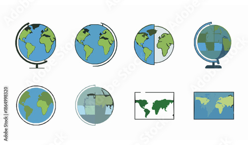 Minimal Earth Globe and World Map Flat Vector Icon Set