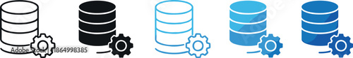 Database settings and data management icon set vector illustration featuring server storage cylinders with gear symbols for system configuration, IT infrastructure, and software technology design