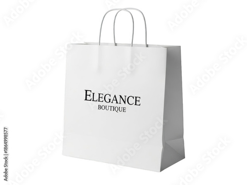 Png isolated transparent background White paper shopping bag with black text Elegance Boutique on black background