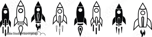 Set of rocket vector icons. Launch spaceship or spacecraft. Rocket fast flying for space. New business start up.