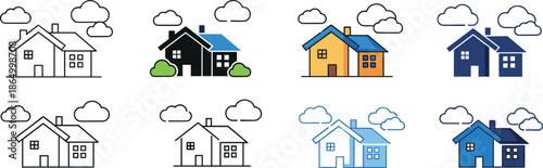 House and home icon set vector illustration featuring residential buildings with clouds in outline and filled styles for real estate, weather, property, and housing design concepts