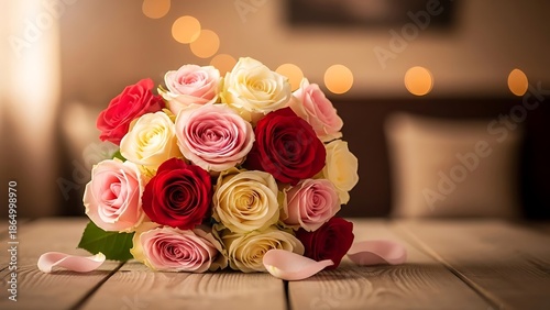Romantic bouquet of roses on a wooden table in a cozy room with soft lighting and blurred background, perfect for valentines day or wedding
