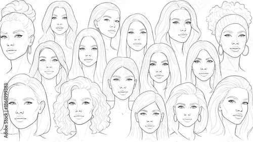 Diverse group of women with different hairstyles and expressions, Generative AI.