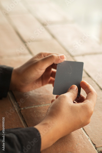 Closeup Hands Holding Blank Card mockup