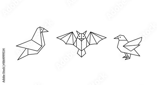 Set of three geometric origami animal icons, featuring a pigeon, a bat, and a small bird in a minimalist line art style.