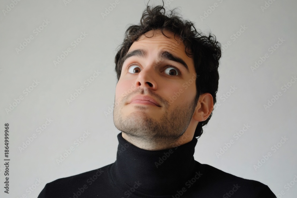 Obraz premium Young man with wide eyes and slightly open mouth expressing surprise. He is looking up, conveying astonishment or wonder