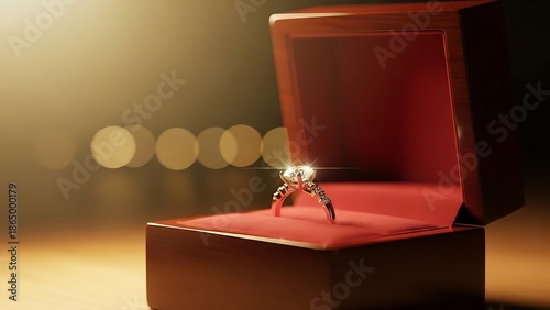 Exquisite diamond solitaire ring nestled in a plush red velvet jewelry box, evoking luxury and romance.
