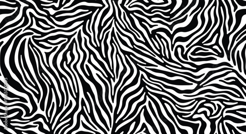 Seamless black and white animal print background featuring a realistic and abstract pattern of bold zebra stripes for fashion.