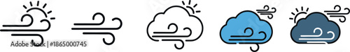Wind and cloudy weather icon set vector illustration featuring breeze gust storm cloud symbols in line and filled styles for meteorology forecast and climate design concepts
