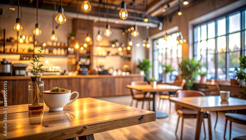 Fototapeta premium Inviting Modern Cafe Interior with Warm Lighting and Natural Daylight, Featuring Wooden Tables and Cozy Ambiance