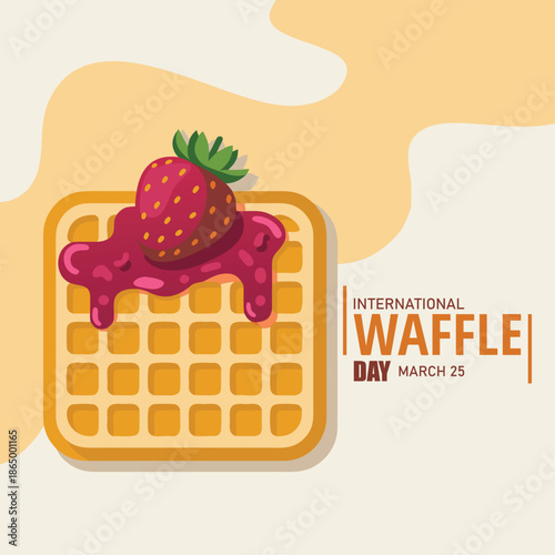 Horizontal funny banner template for International Waffle Day with cartoon waffle with strawberry jam and lettering. Minimalistic holiday concept for march 25 of for poster, background for web, media.