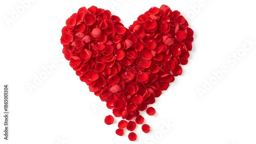 A heart shape made of red rose petals on a white background