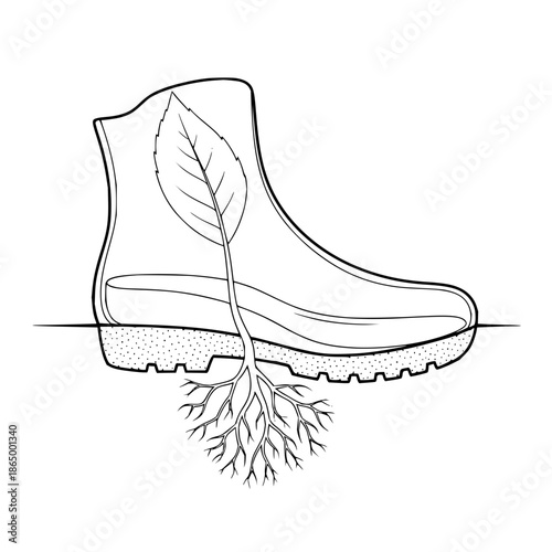 Sustainable Boot with Growing Leaf and Roots on White Background with eco friendly shoe and illustration and line art in eco friendly fashion environmentally friendly for root system