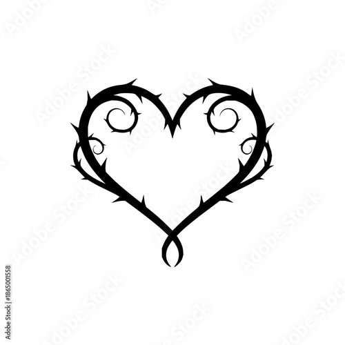 Black Thorn Heart Symbol on White Background, Isolated, Gothic Style with thorny and dark and romantic in love valentine for prickly