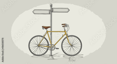 A charming vintage yellow bicycle is parked beside a rustic signpost with blank arrows, symbolizing a journey or important decision point in life.