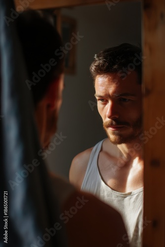 Self-Reflection: A man gazes intently at his mirror image, capturing the raw emotion and introspection of the moment. The light and shadow play across his face emphasize the depth of his thoughts.