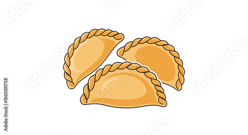 Colorful cartoon illustration of three baked empanadas or turnovers, a popular Latin American food, isolated on a white background.