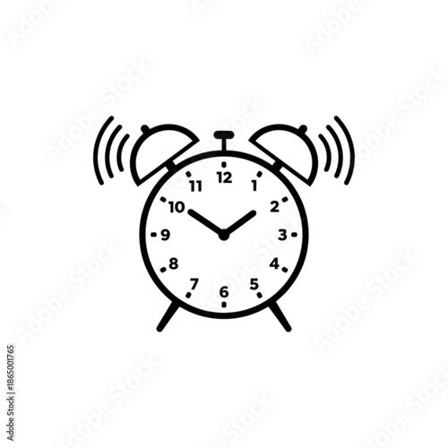 A clean and minimalist vector image of a classic ringing alarm clock with twin bells, symbolizing time management, punctuality, and a morning wake-up call