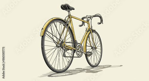 An elegantly rendered vintage yellow racing bicycle stands proudly, showcasing its classic design and timeless appeal against a clean, light background.