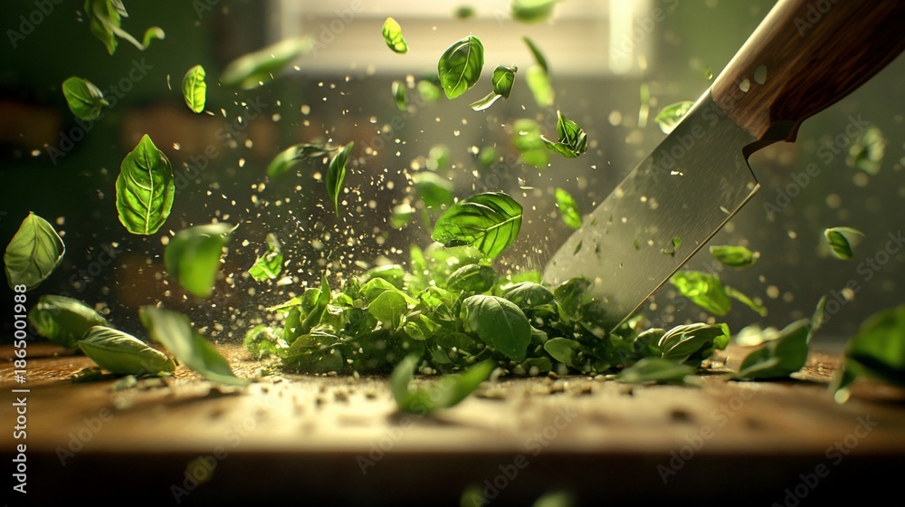 Fototapeta premium Fresh basil chopped, flying in the air