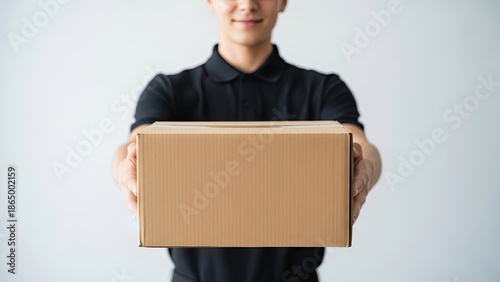 Person in a black polo shirt holding and offering a blank cardboard box directly to the camera, isolated white background, symbolizing delivery or a gift.