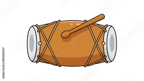 Cartoon-style illustration of a brown drum with a drumstick on top against a clean white background.