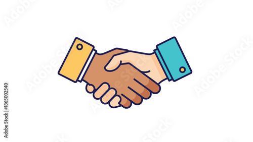 Illustration of two hands shaking in a business agreement with colorful sleeves on a white background.