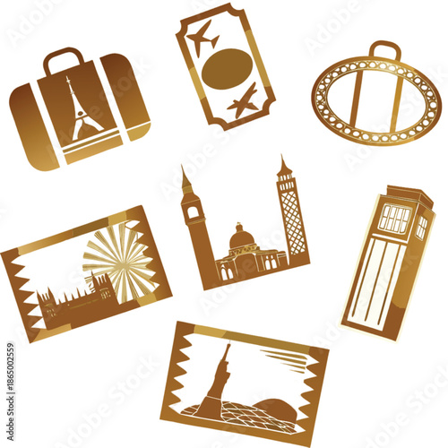 Travel icons collection with famous landmarks and luggage designs  